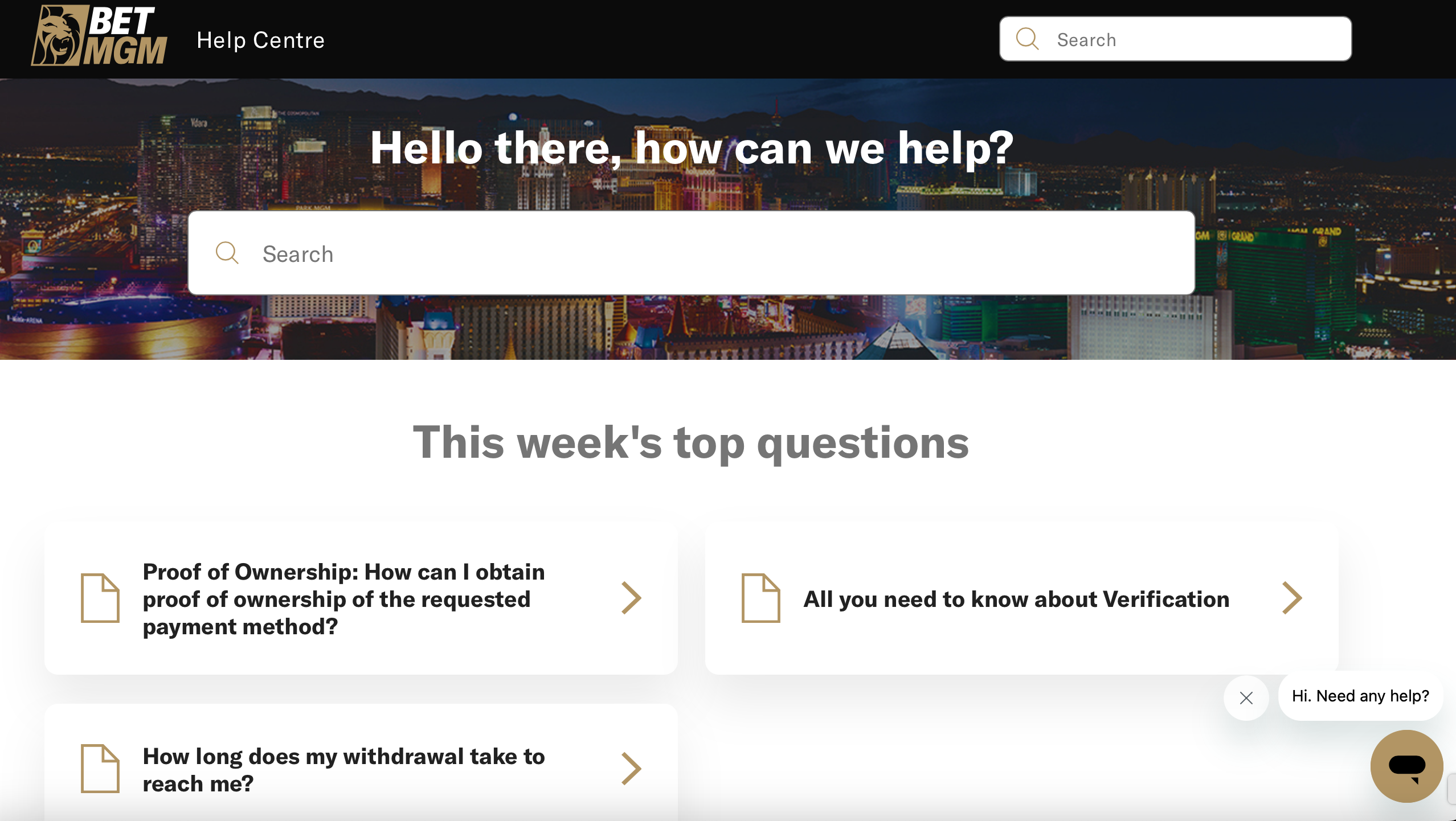 BetMGM's help centre, with prominent search tool, 'this week's top questions' shown below that, and overarching categories further down